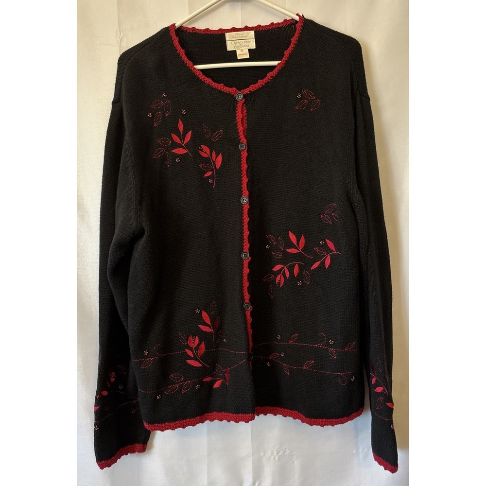 VTG Women's XL Black‎ Cardigan Sweater Hand Embroidered Beads Christopher Banks